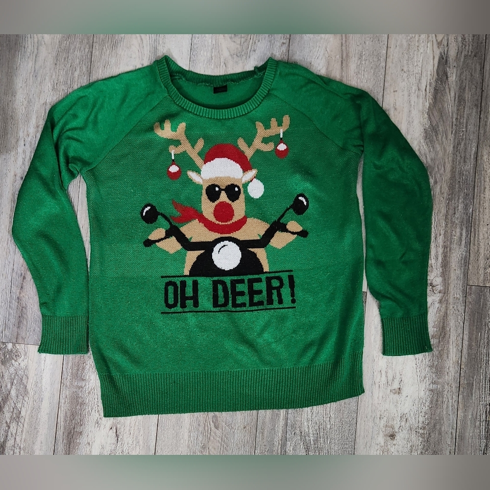 LOL Vintage Women's  Green "Oh Deer" Pullover Crew Neck Christmas Sweater